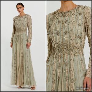 MAC DUGGAL 10077 Green Embellished Mesh Long Sleeve A Line Gown
